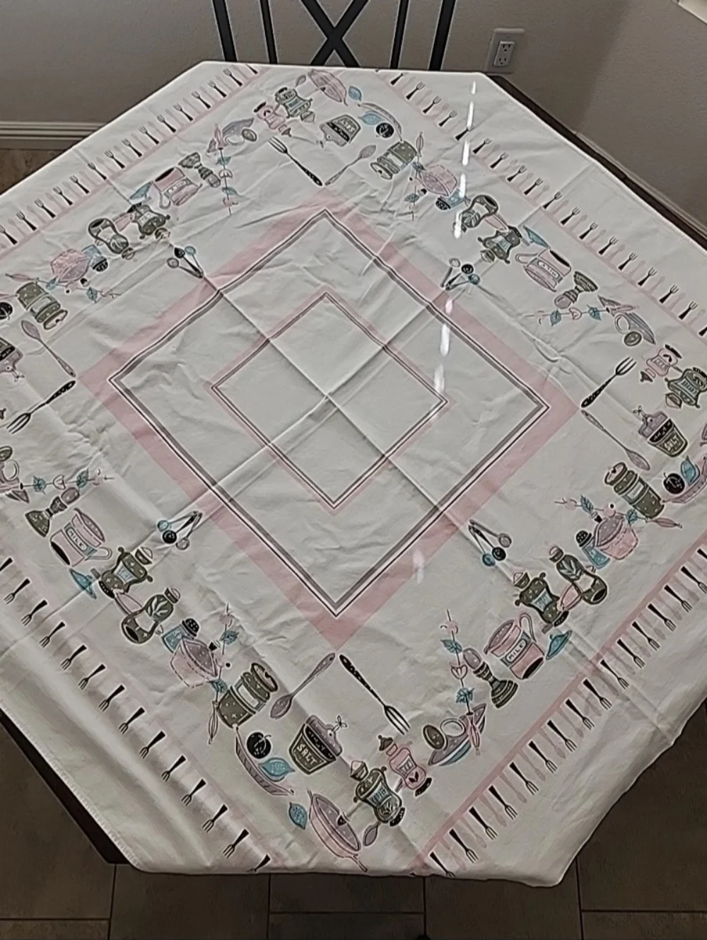 Vintage 1950s Printed Tablecloth – Pink & White Kitchen Pattern Mid Century